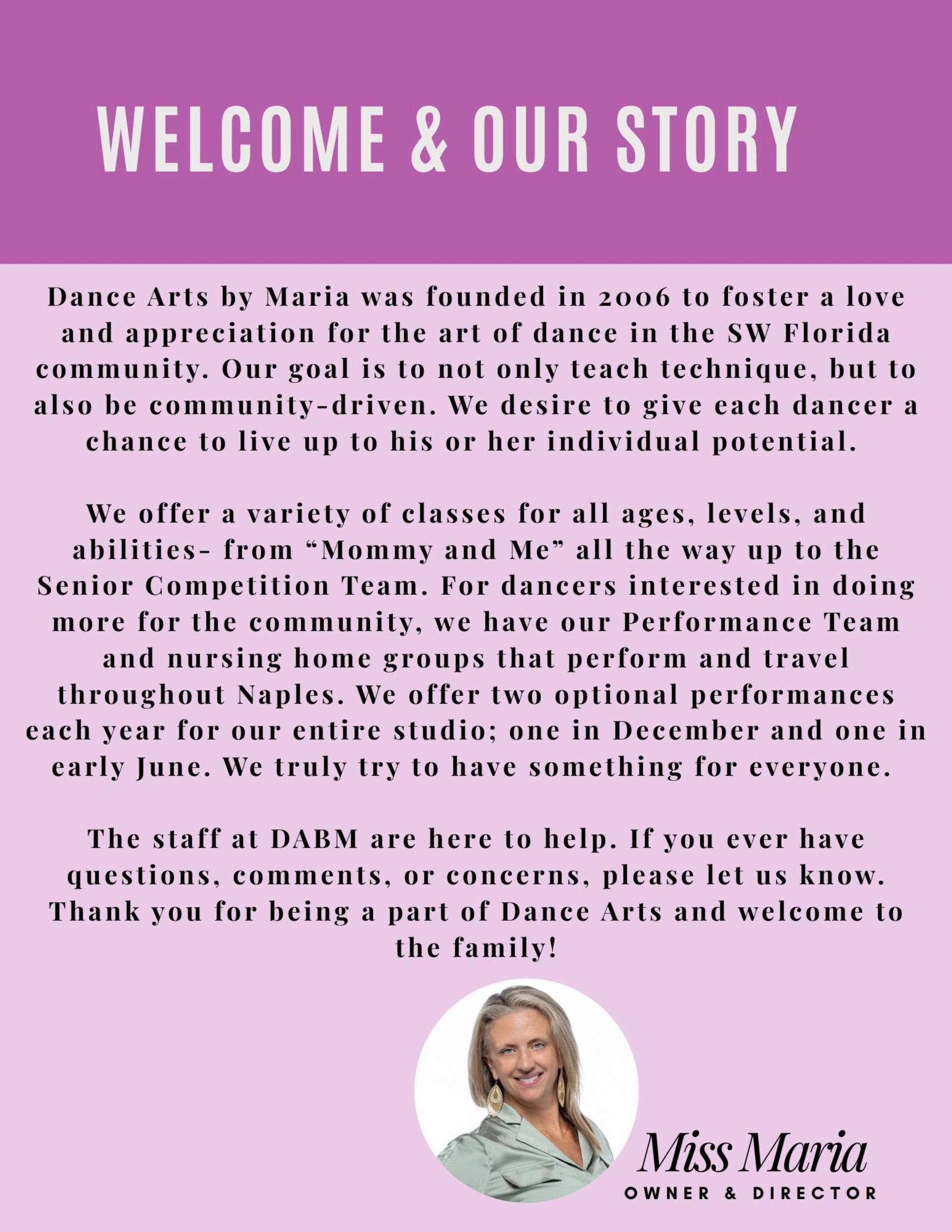 Purple Welcome & Our Story page with centered introduction text and a small portrait of Miss Maria at the bottom.