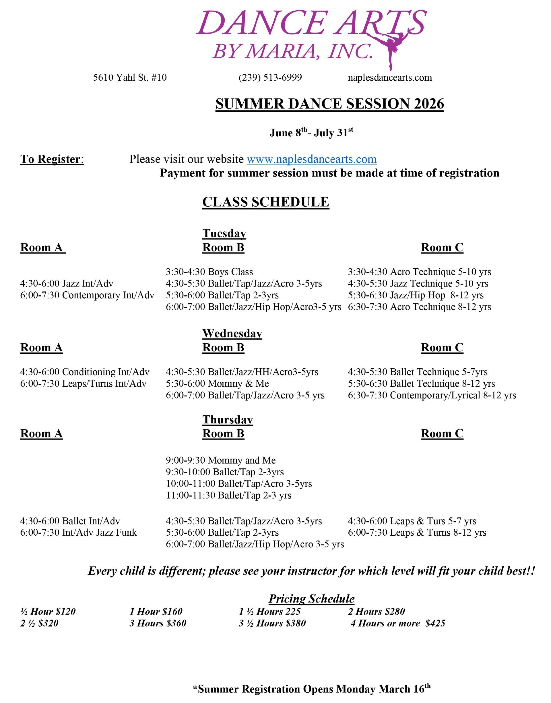 A Dance Arts by Maria, Inc. summer class schedule flyer listing dance sessions, days, rooms, and times from June to July.