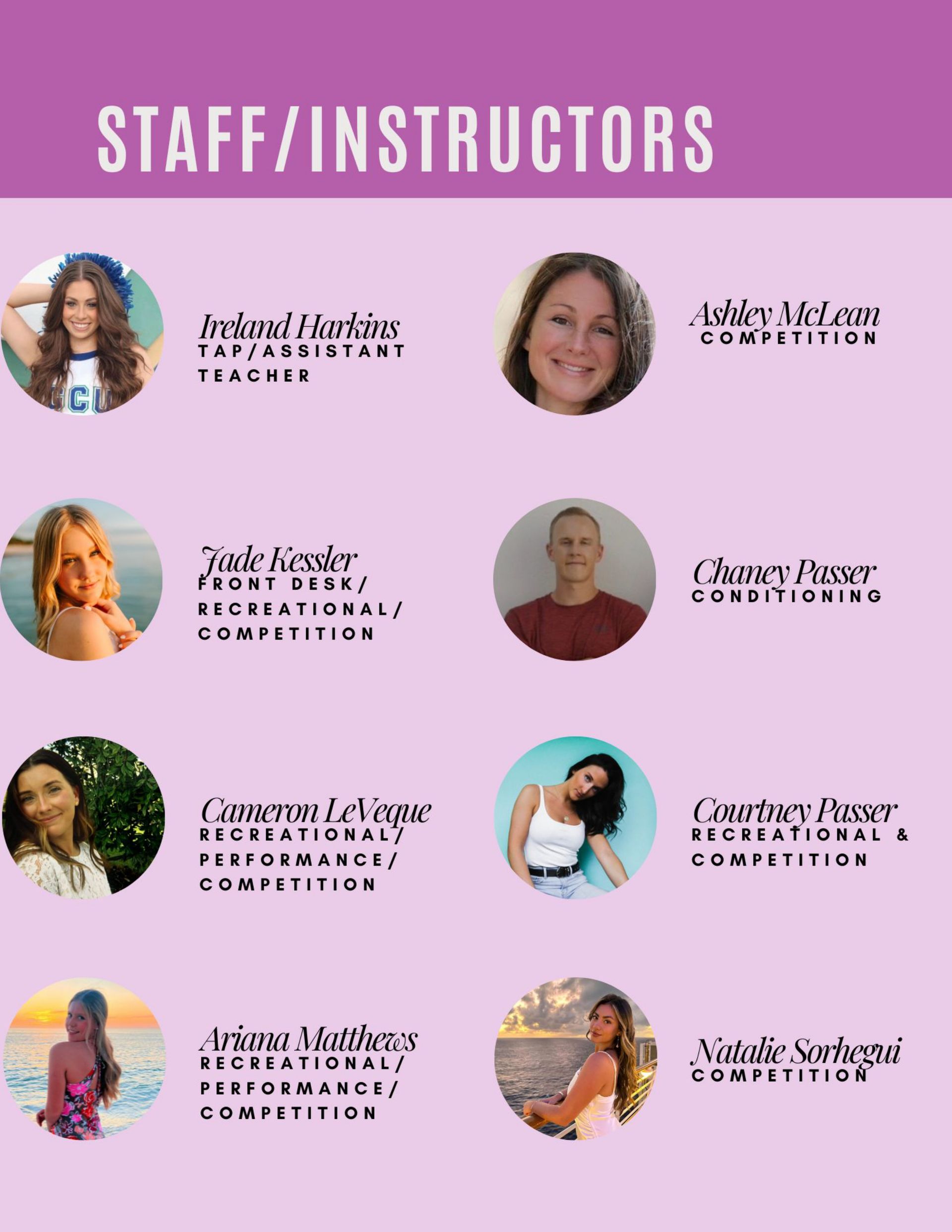 Staff instructors roster with headshots and names on a purple and pink background.