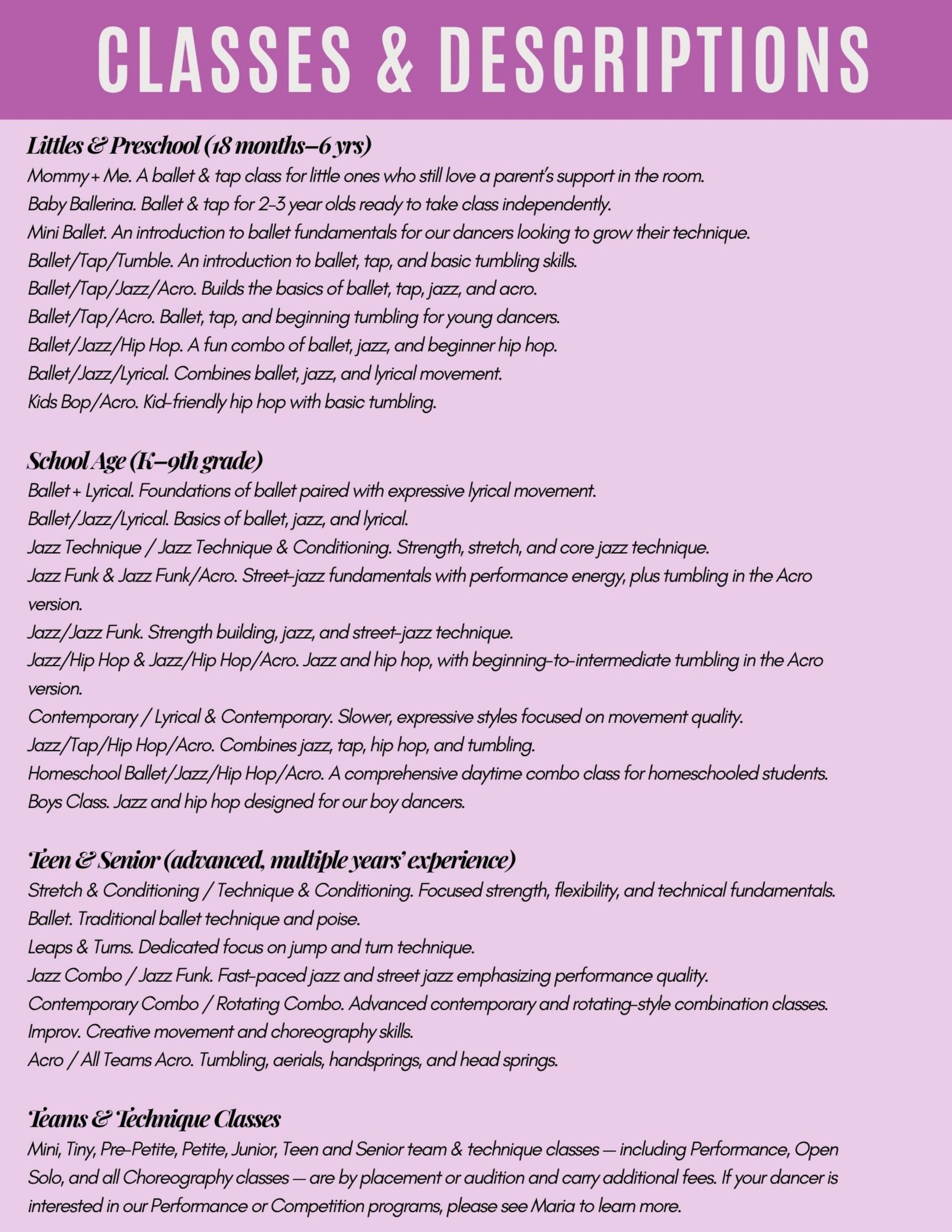 Pink Classes & Descriptions flyer with a purple header and dense black text listing class details.