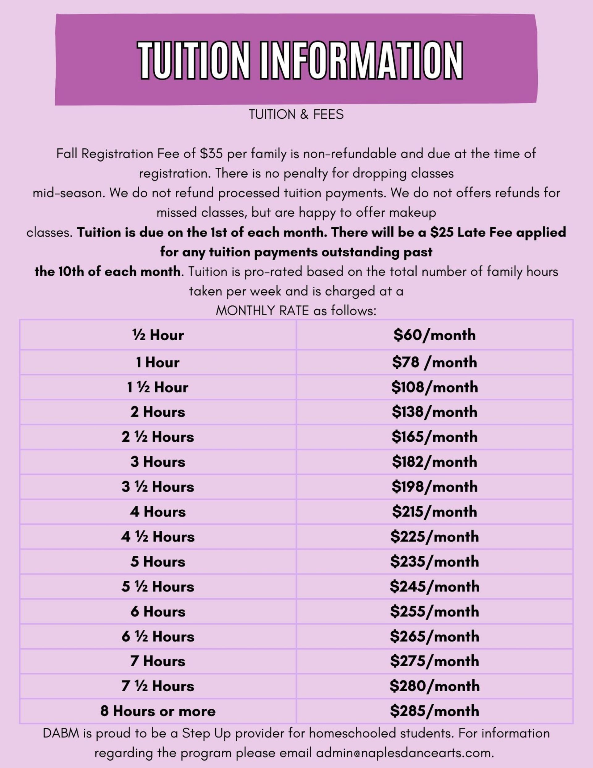 Purple tuition information flyer listing hourly rates and monthly fees for childcare services.
