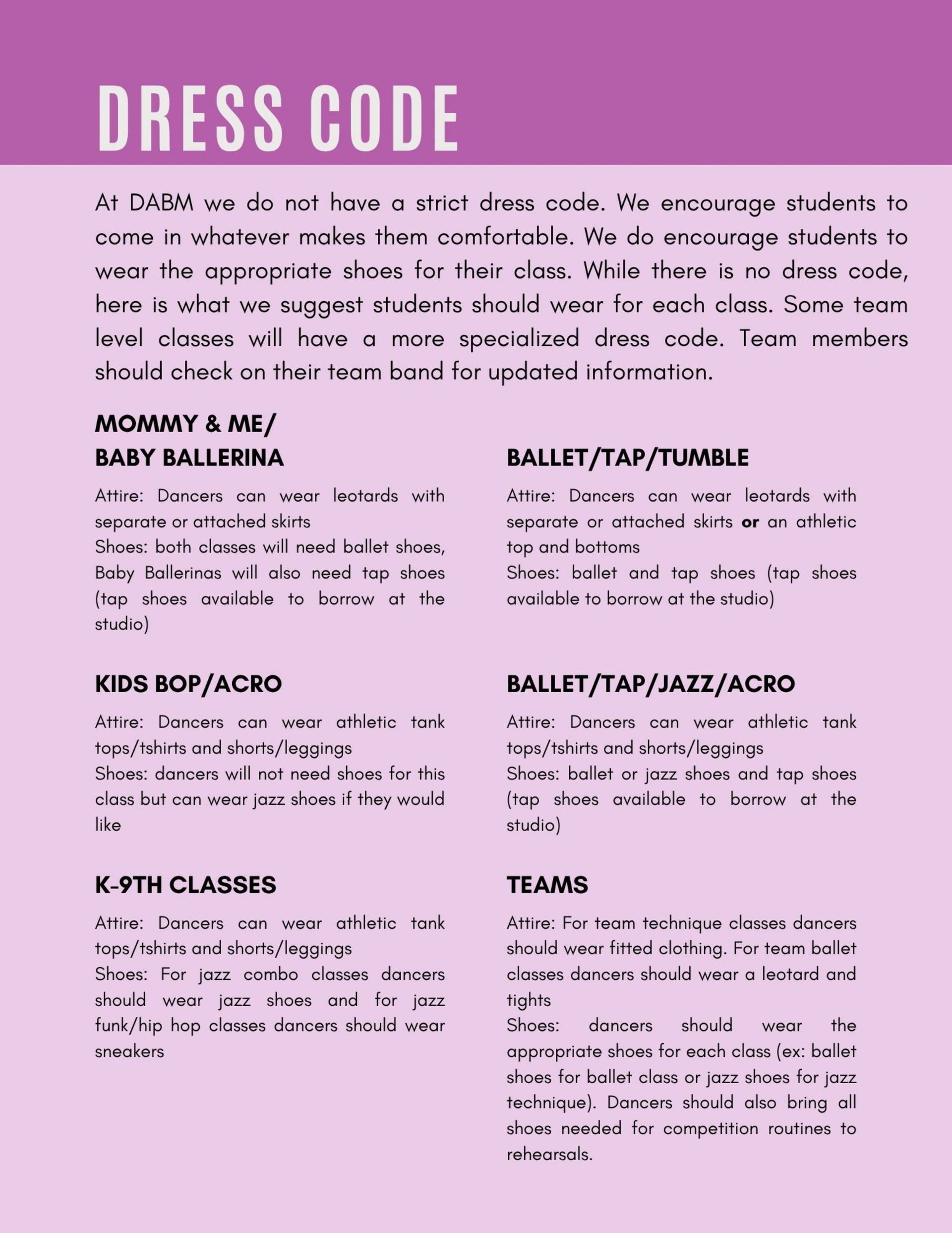 Pink DRESS CODE poster with dancewear guidelines in multiple sections and black text.
