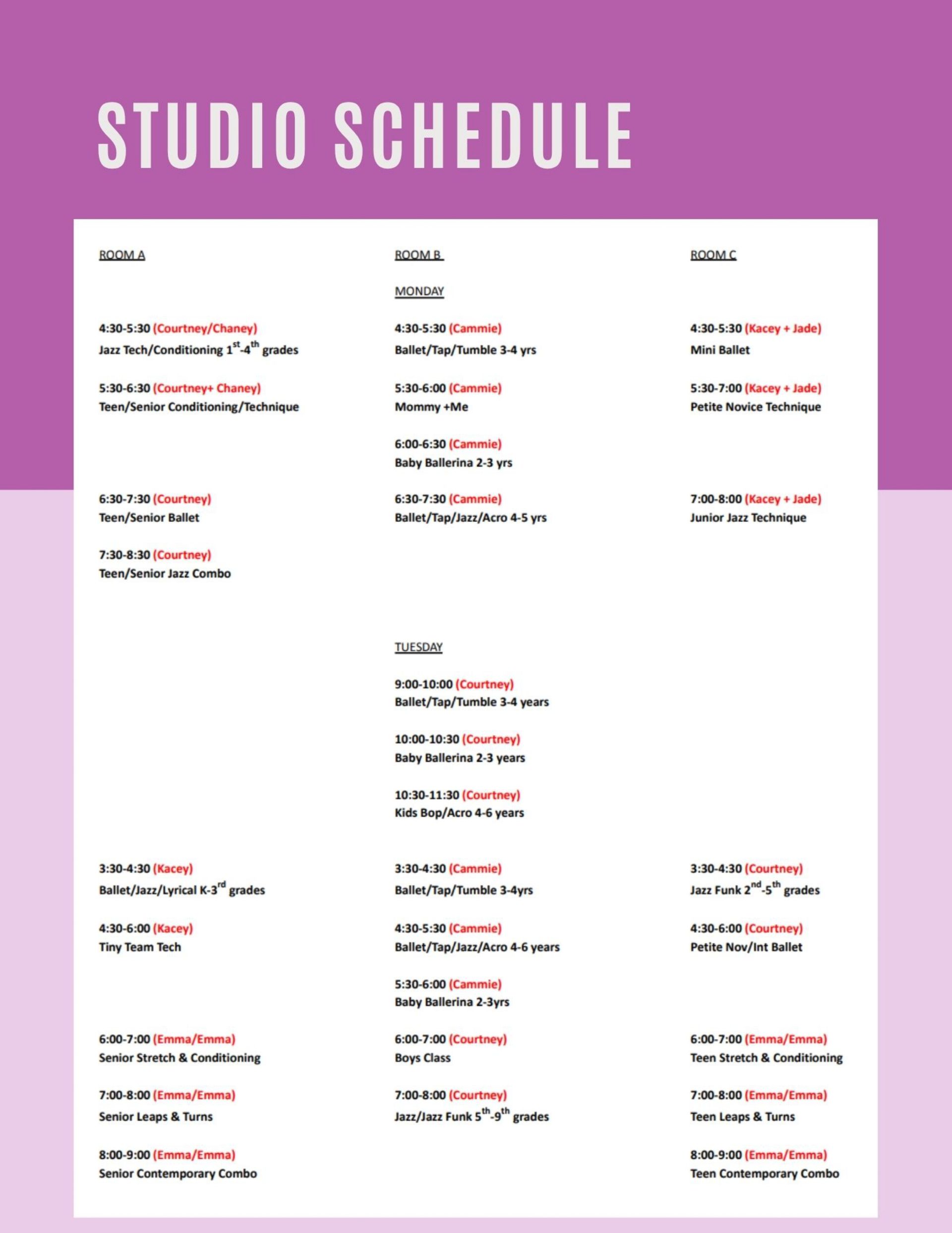 Studio schedule poster with a purple header and multiple white columns of class listings.