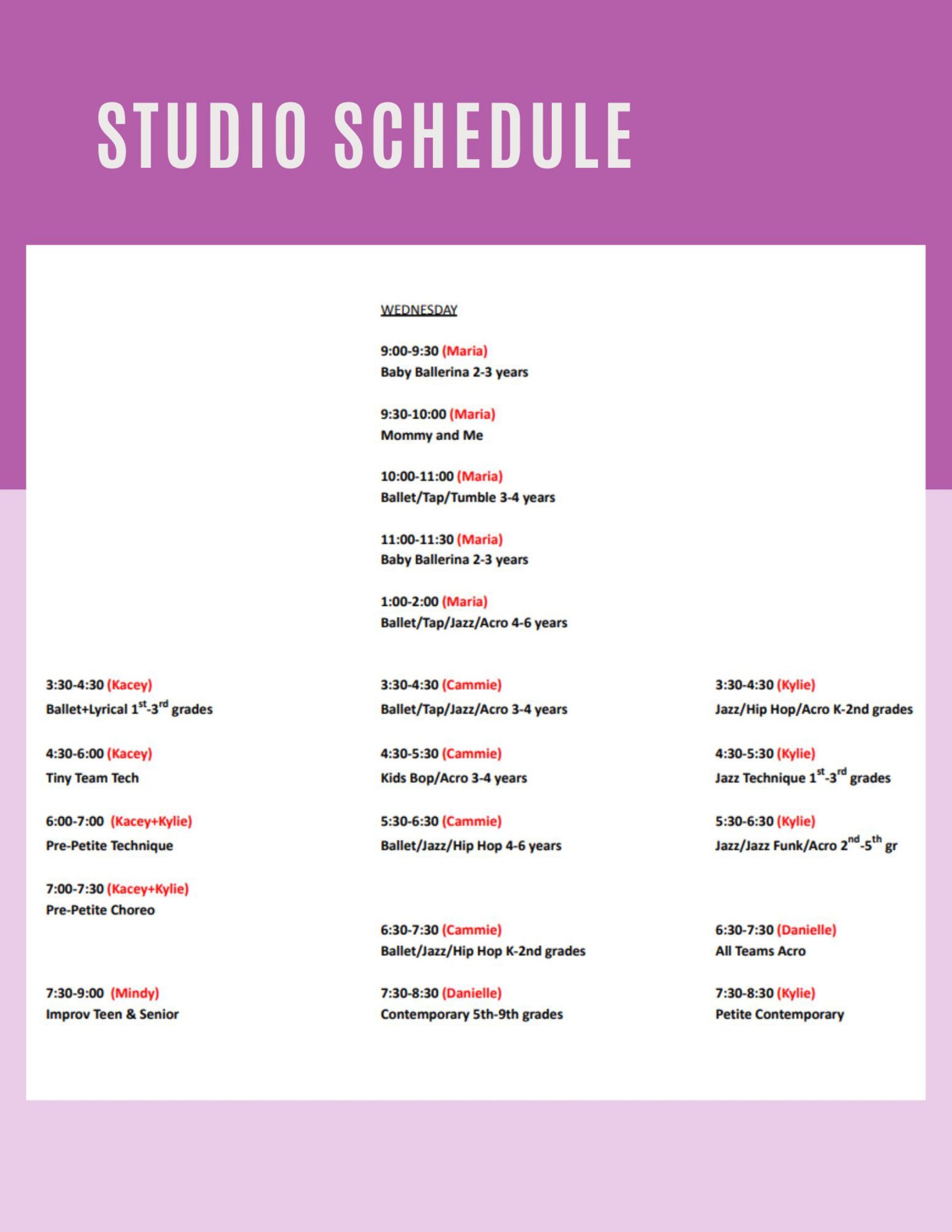 Studio schedule poster on a purple background with a white centered timetable of classes and times