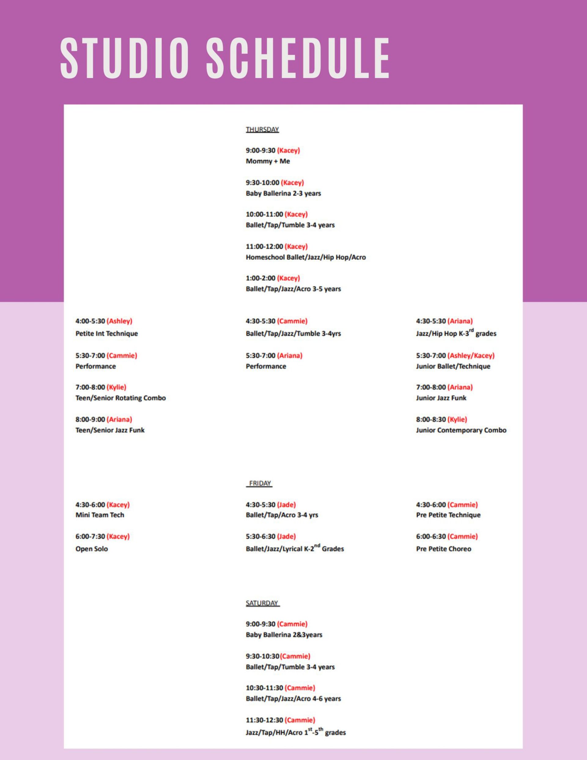 Purple and white Studio Schedule poster with a centered list of class times and activities.