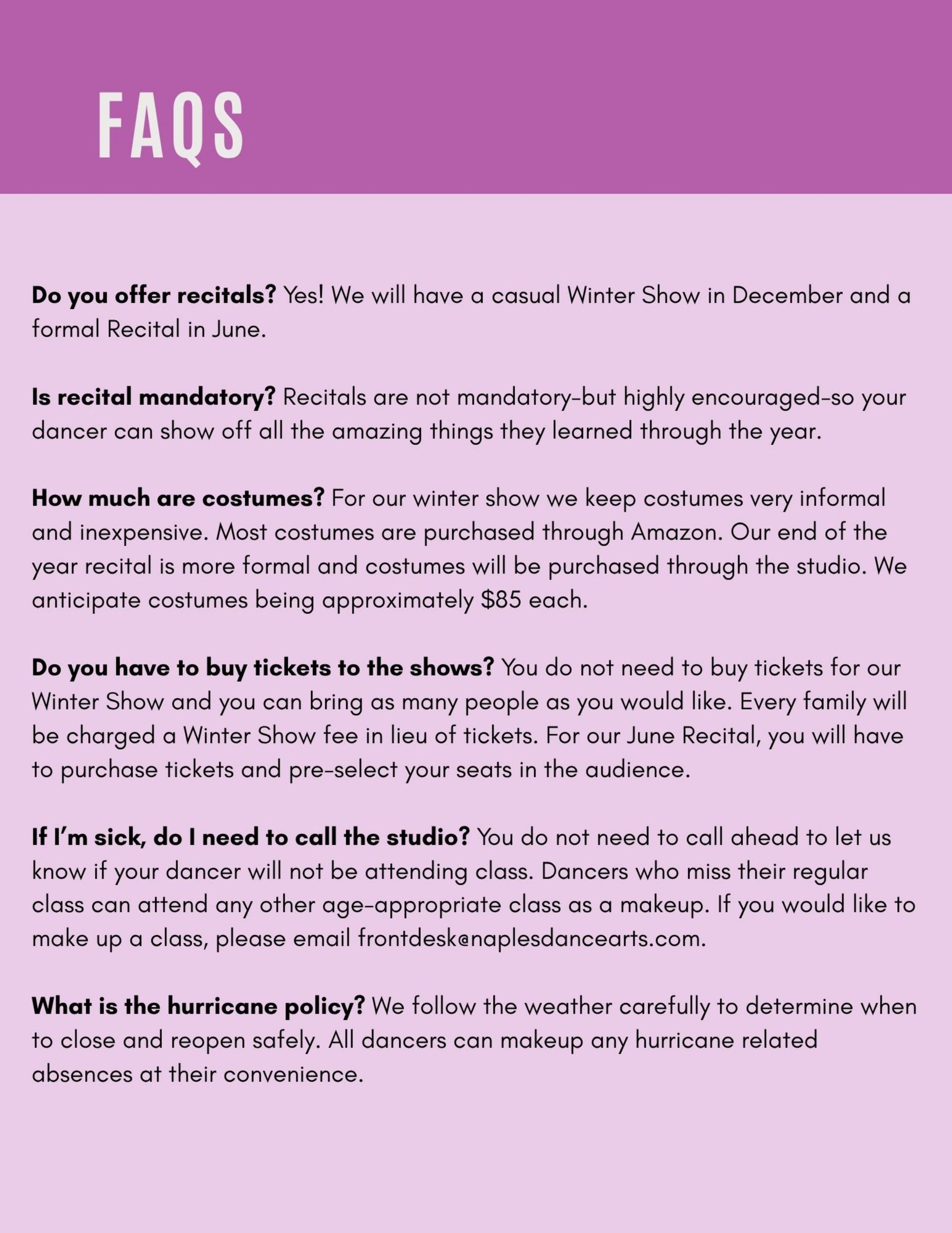FAQ page with a purple header and several blocks of small black text on a white background