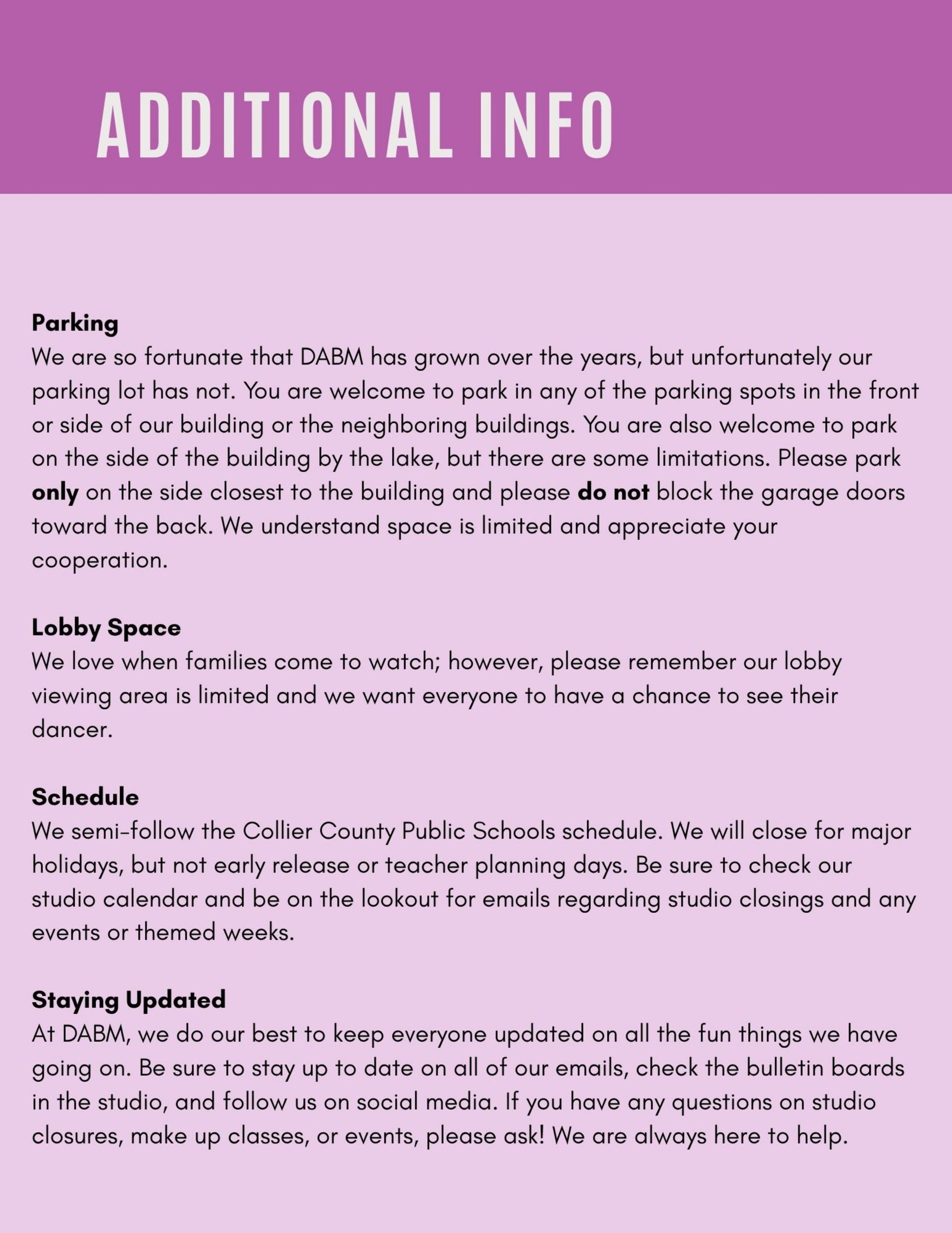 Purple ADDITIONAL INFO page with small white text about parking, lobby space, schedule, and baggage storage.