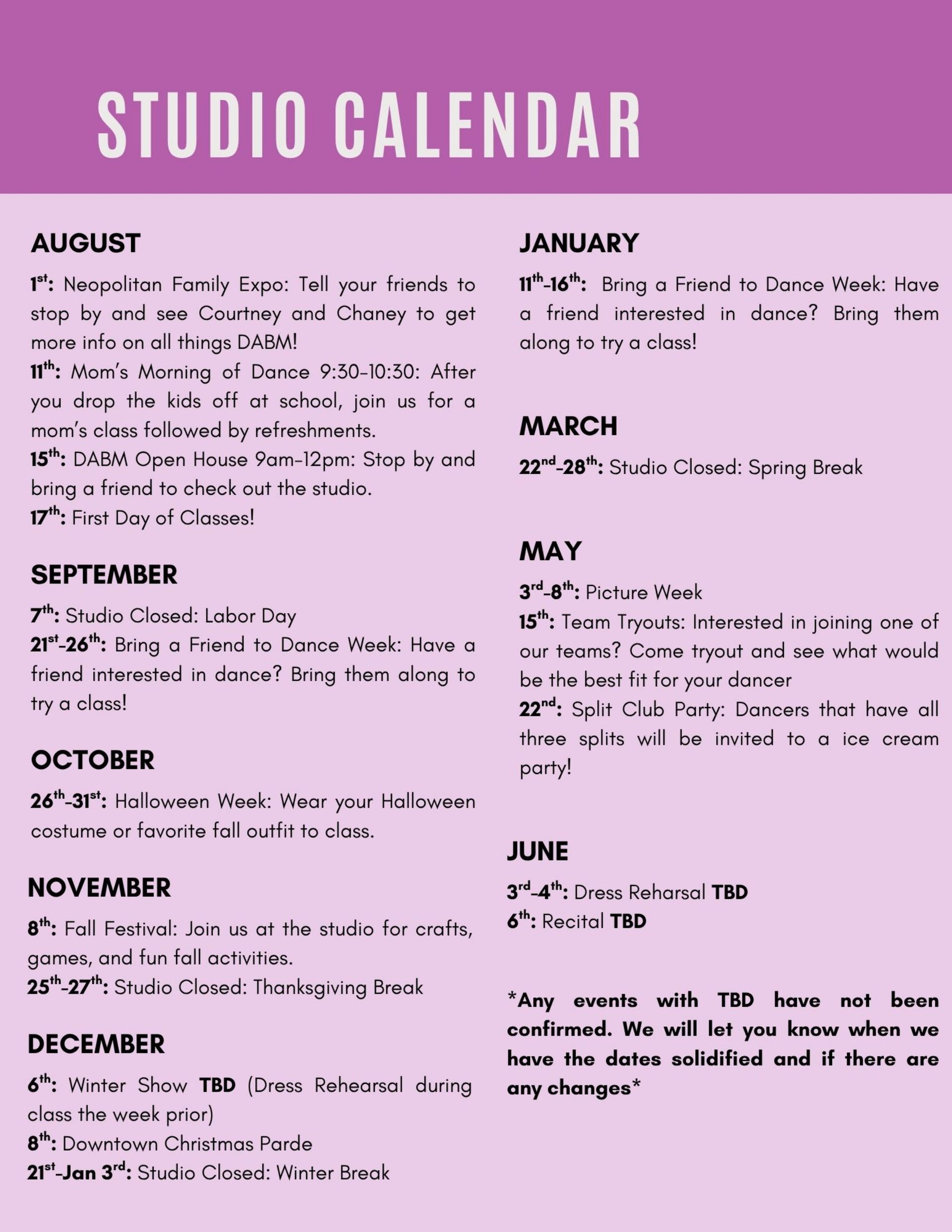 Pink Studio Calendar poster listing monthly notes in black text on a purple background