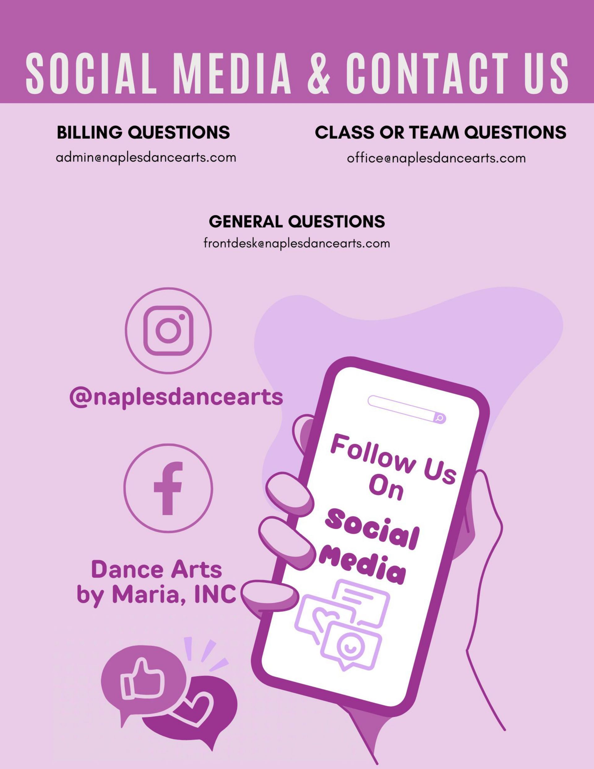 Social media and contact us flyer for Dance Arts by Maria, INC, with Instagram, Facebook, and message icons.