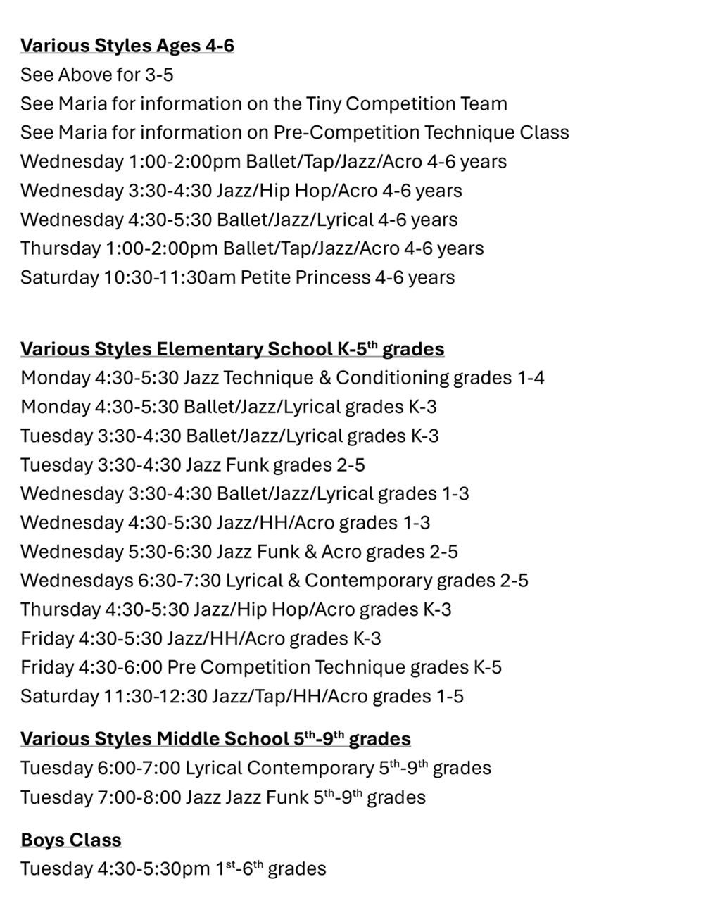 A list of classes for various ages and grades is displayed on a white background.