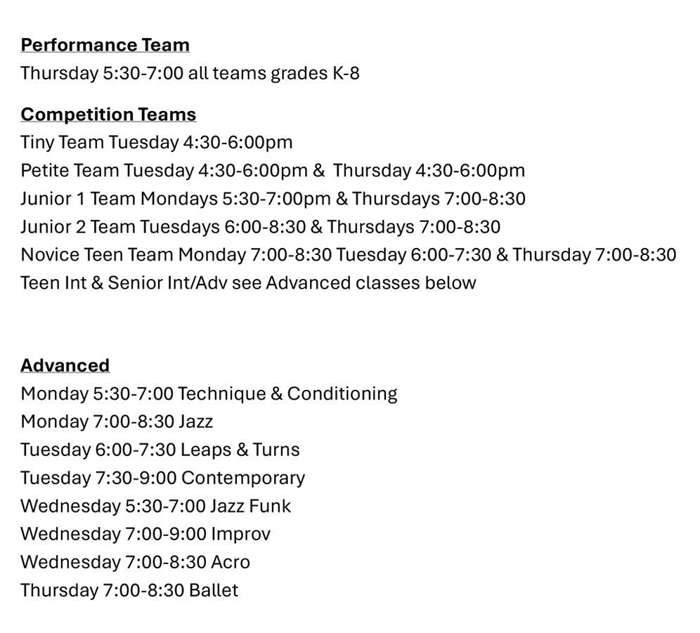 A list of classes for the performance team and competition teams