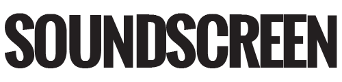 A black and white logo for soundscreen on a white background.