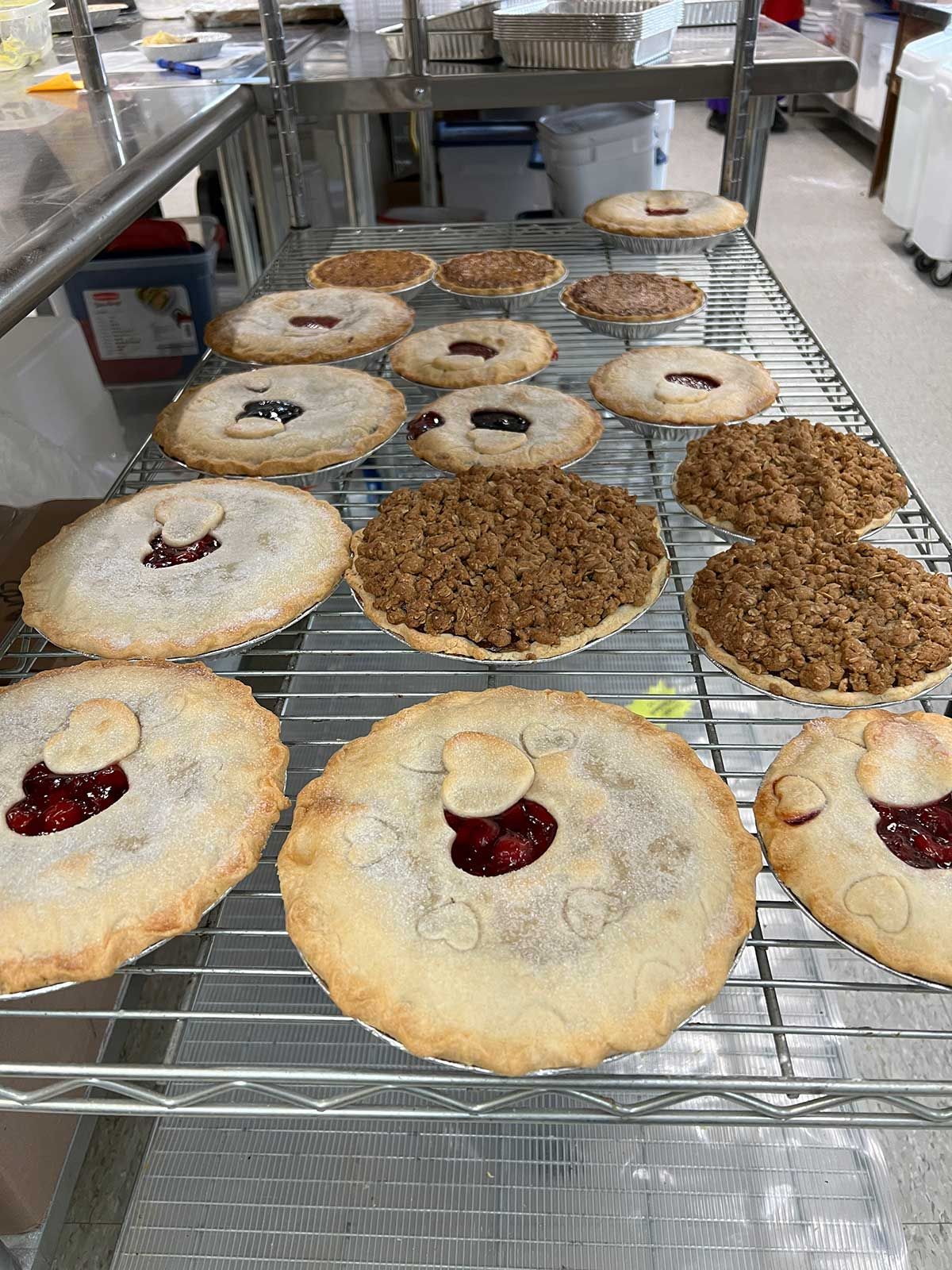 A bunch of pies are sitting on a wire rack.
