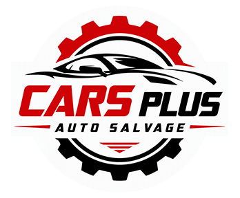 Cars Plus Auto Salvage logo with red and black gear and a stylized car outline