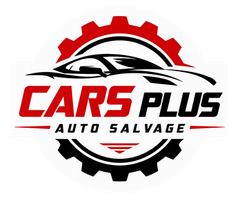 Cars Plus Auto Salvage logo with red and black gear and a stylized car outline