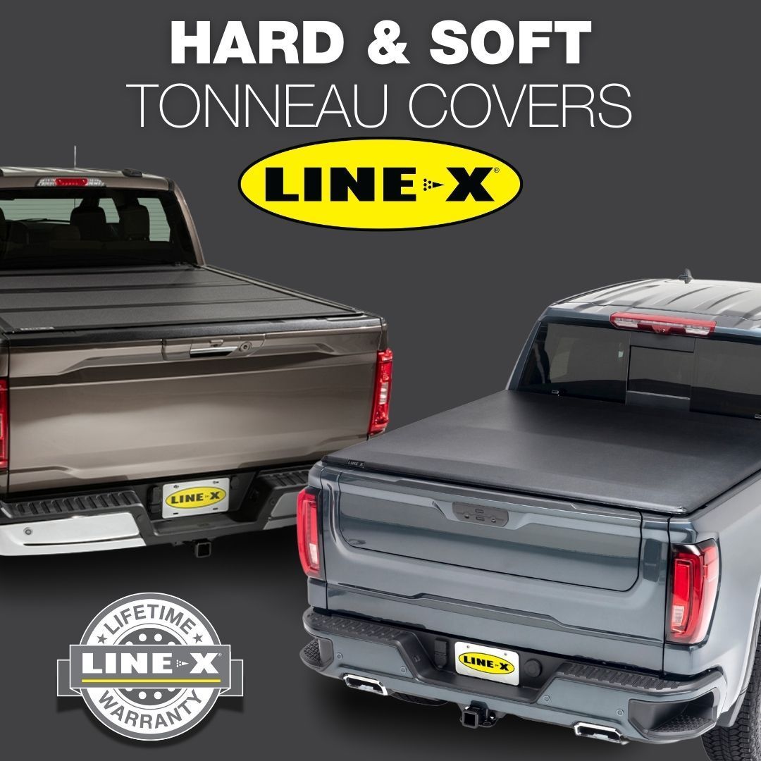 Two trucks with LINE-X tonneau covers. Gray and black. Features lifetime warranty.