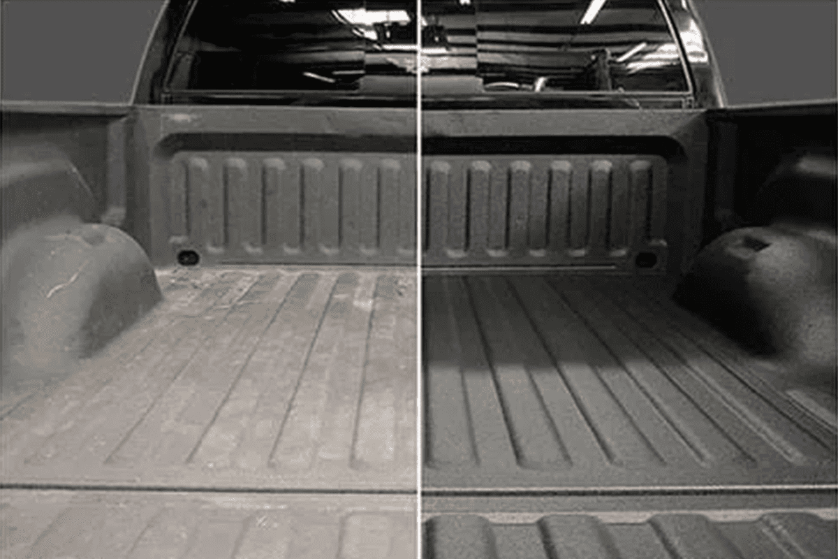 A black and white photo of a truck bed before and after being painted.