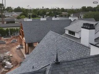 Slate roofs on a large house under construction, with workers and materials in a suburban neighborhood.