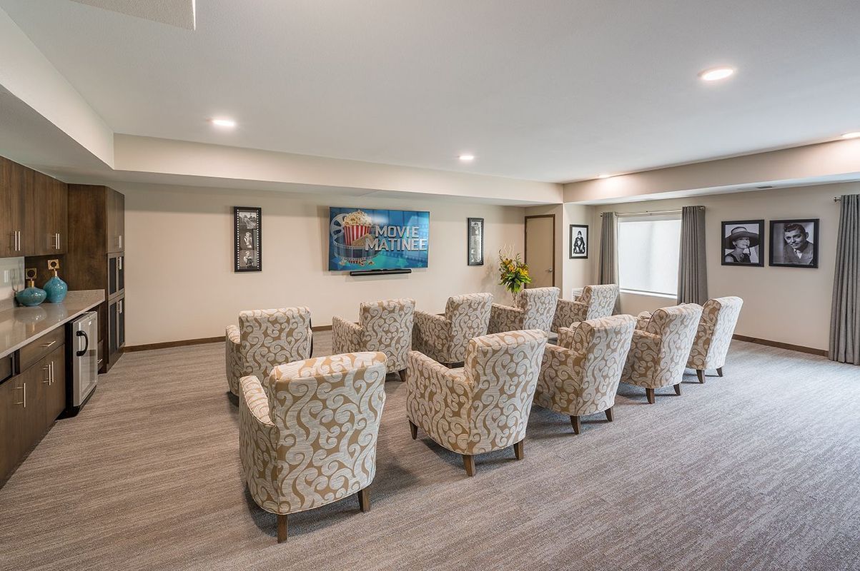 A small movie theater room with patterned armchairs facing a TV screen.