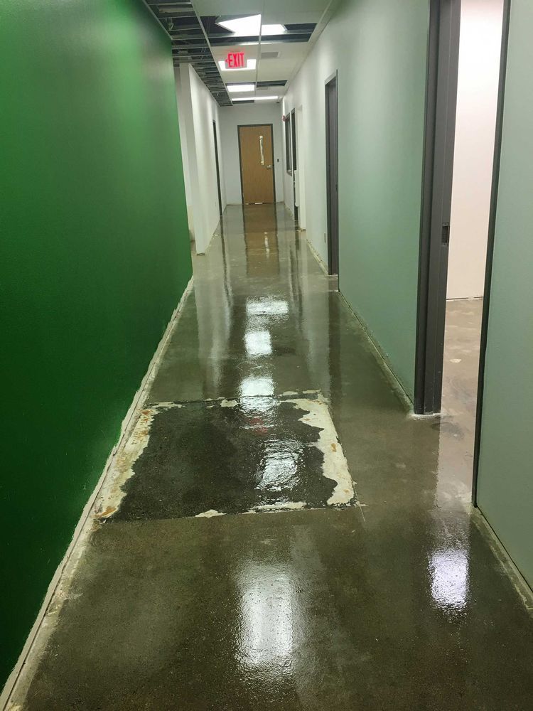 Hallway with polished concrete floor, green and white walls, door at the end. An area of floor is missing sealant.