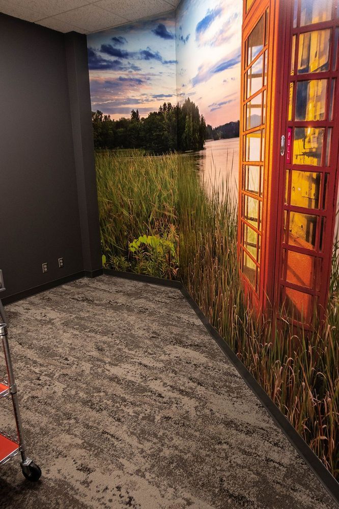 Corner of a room with a mural of a phone booth and a lakeside view. The floor is carpeted.