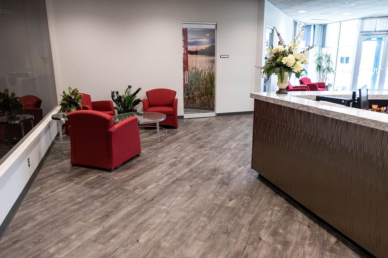 Reception area with red chairs, a counter, and plants. Light wood-look flooring and a door with a landscape photo.
