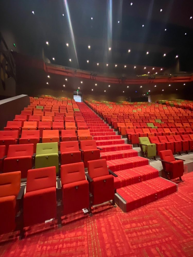 Empty red theater seating, tiered rows. Red carpet, stair access. Some green seats mixed. Dim lighting.