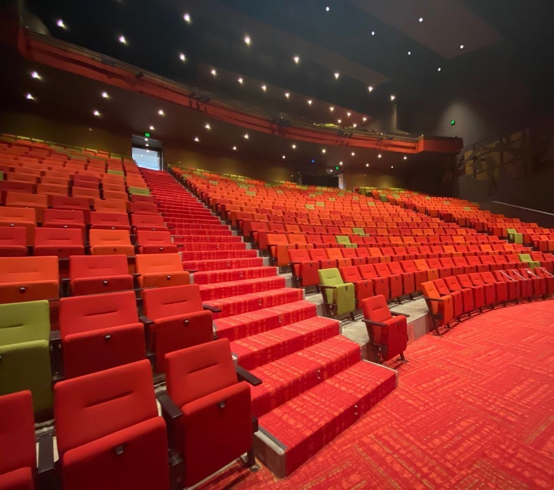 Empty theater auditorium with red seats and carpet, ready for a performance. Some seats are green.