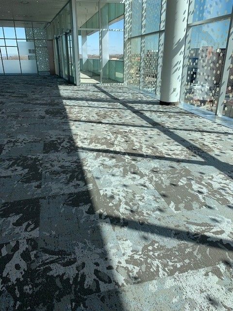 Interior of a building with patterned carpet, sunlight streaming in through patterned glass windows.
