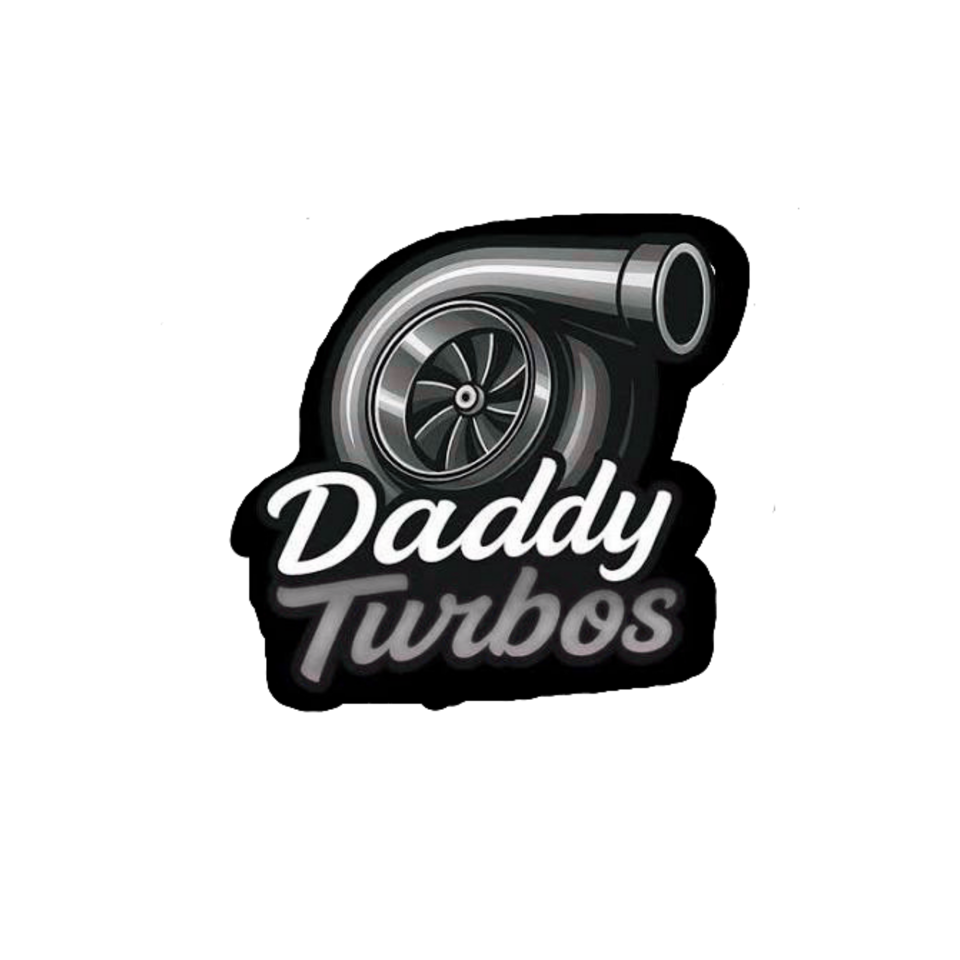 Daddy Turbos logo with a silver turbocharger in black and white