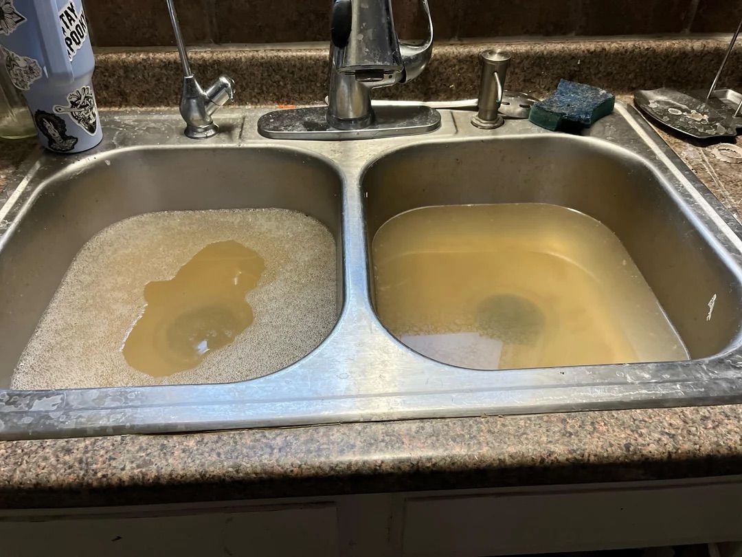 Two-basin kitchen sink filled with murky water.