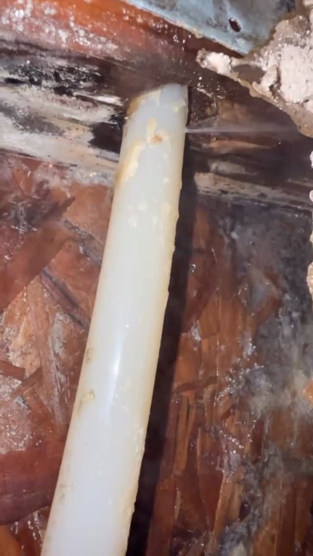 White plastic pipe in a dark, wet space, possibly related to a leak.