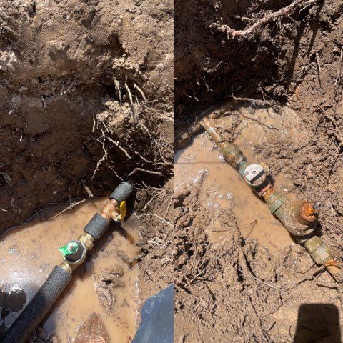 Two views of a buried water pipe with a leak. Dirt and water surround the pipes, the right side showing a meter.