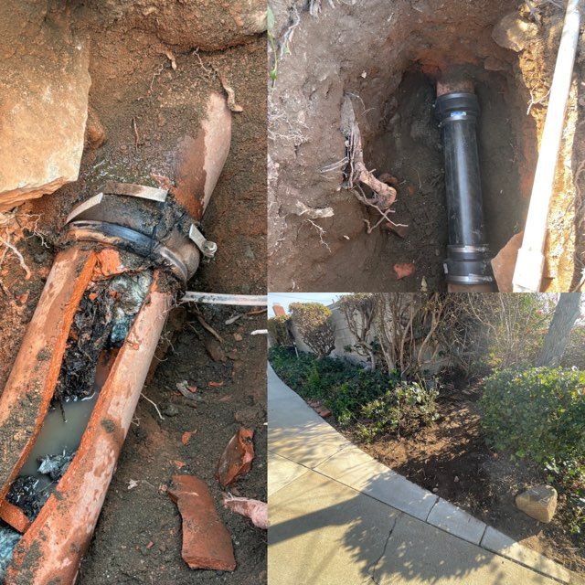 Four-panel image of a broken pipe repair. Top left shows the broken pipe. Top right shows the new pipe. Bottom left is closer view of the broken pipe, and bottom right is the surrounding area.