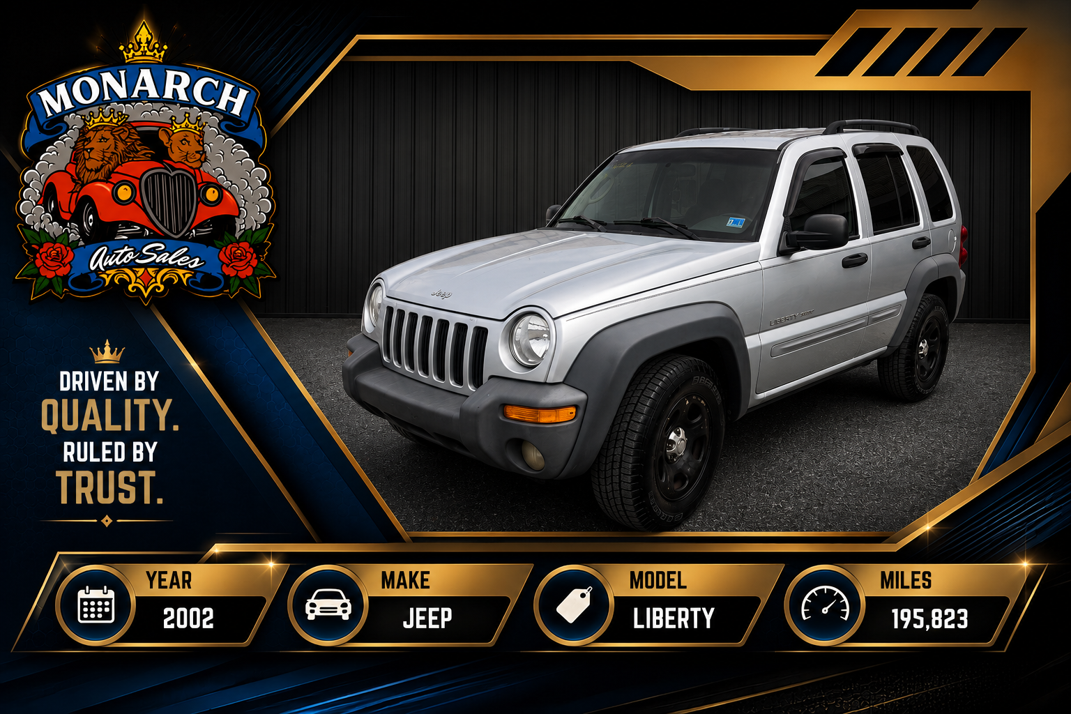 Silver Jeep Liberty on black-and-gold dealership graphic with Monarch logo and vehicle details header