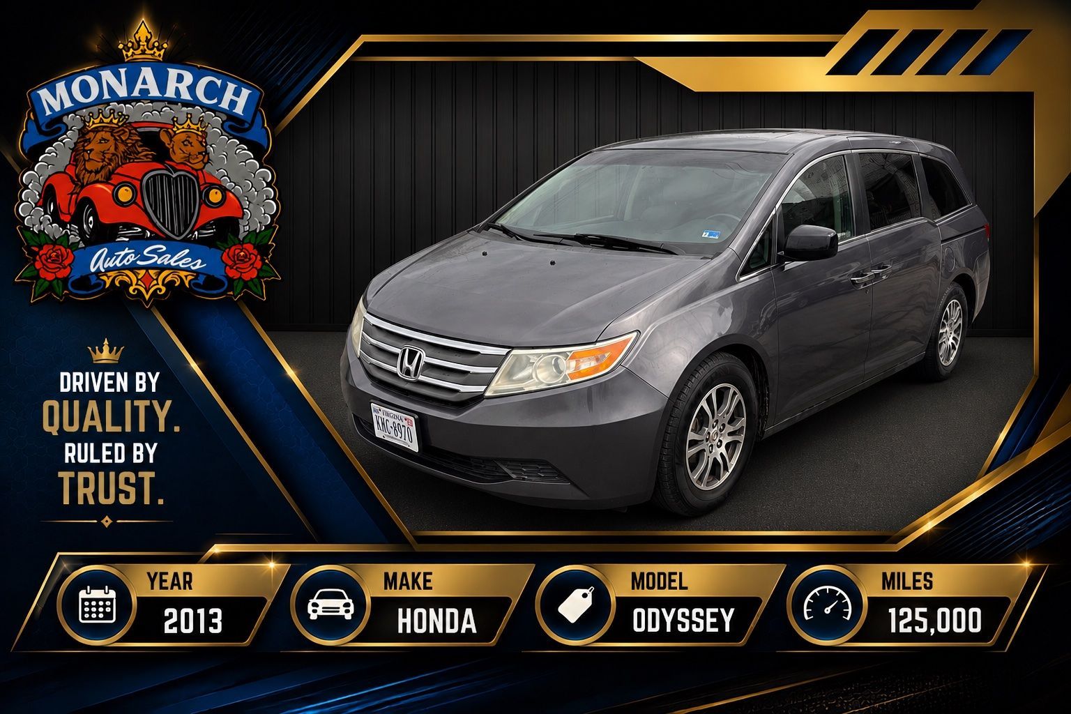 Gray 2013 Honda Odyssey minivan shown with dealership branding and 125,000 miles listed.