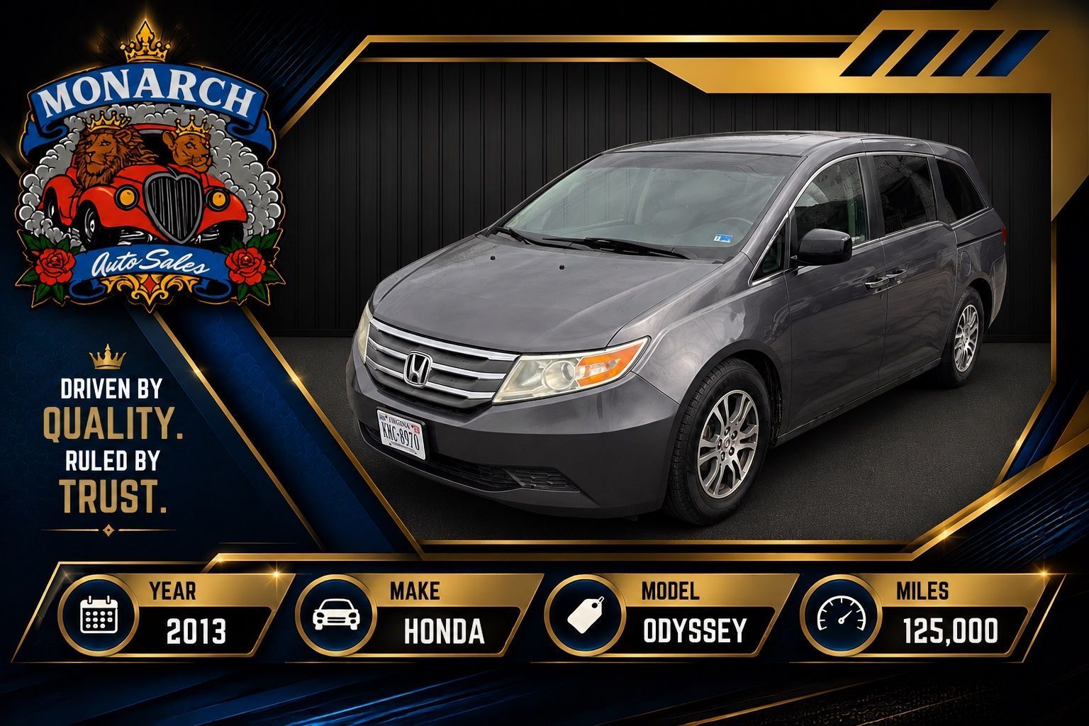 Gray 2013 Honda Odyssey minivan in a dealership-style listing with 125,000 miles shown