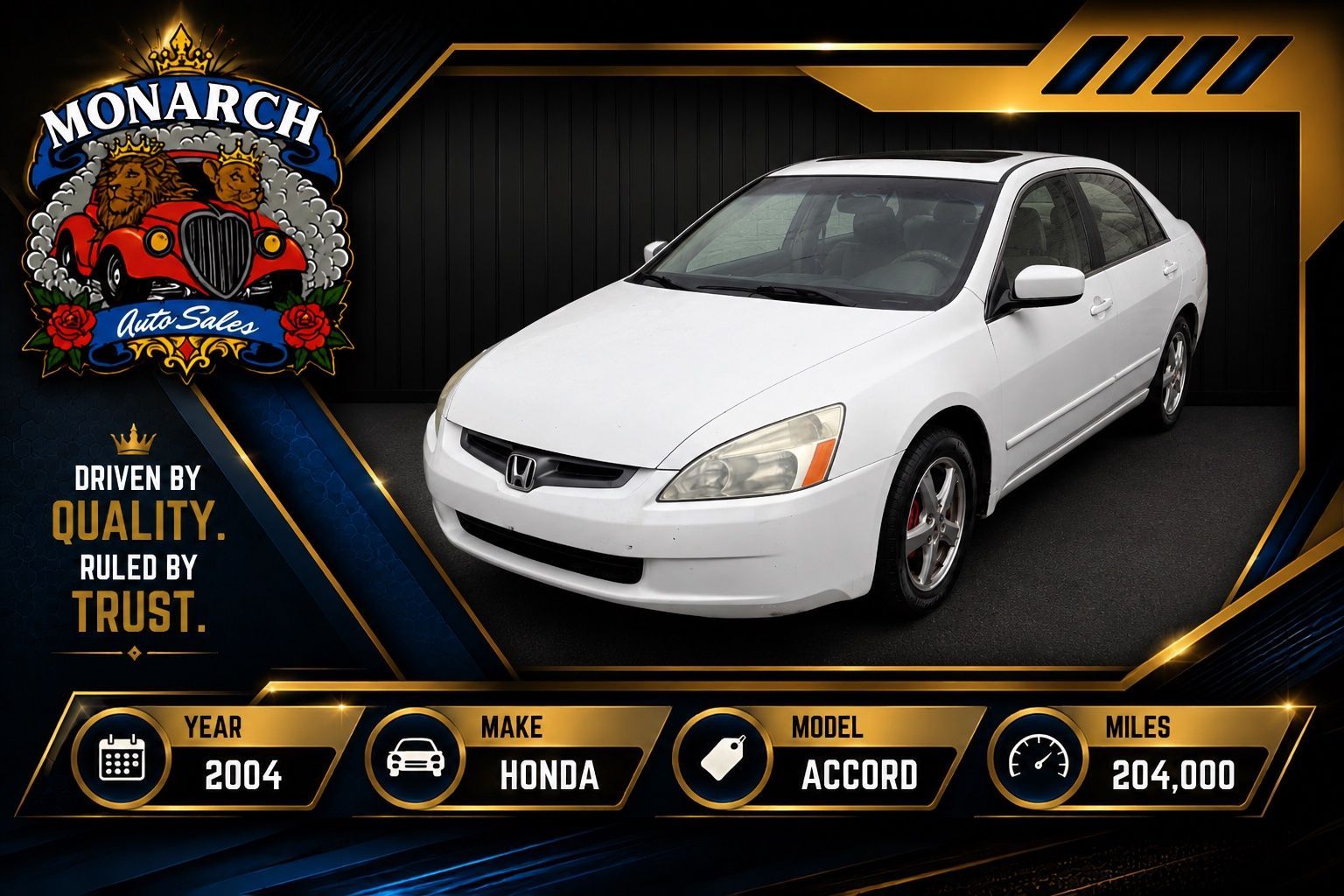 White Honda Accord sedan on a black-and-gold dealership-style graphic background