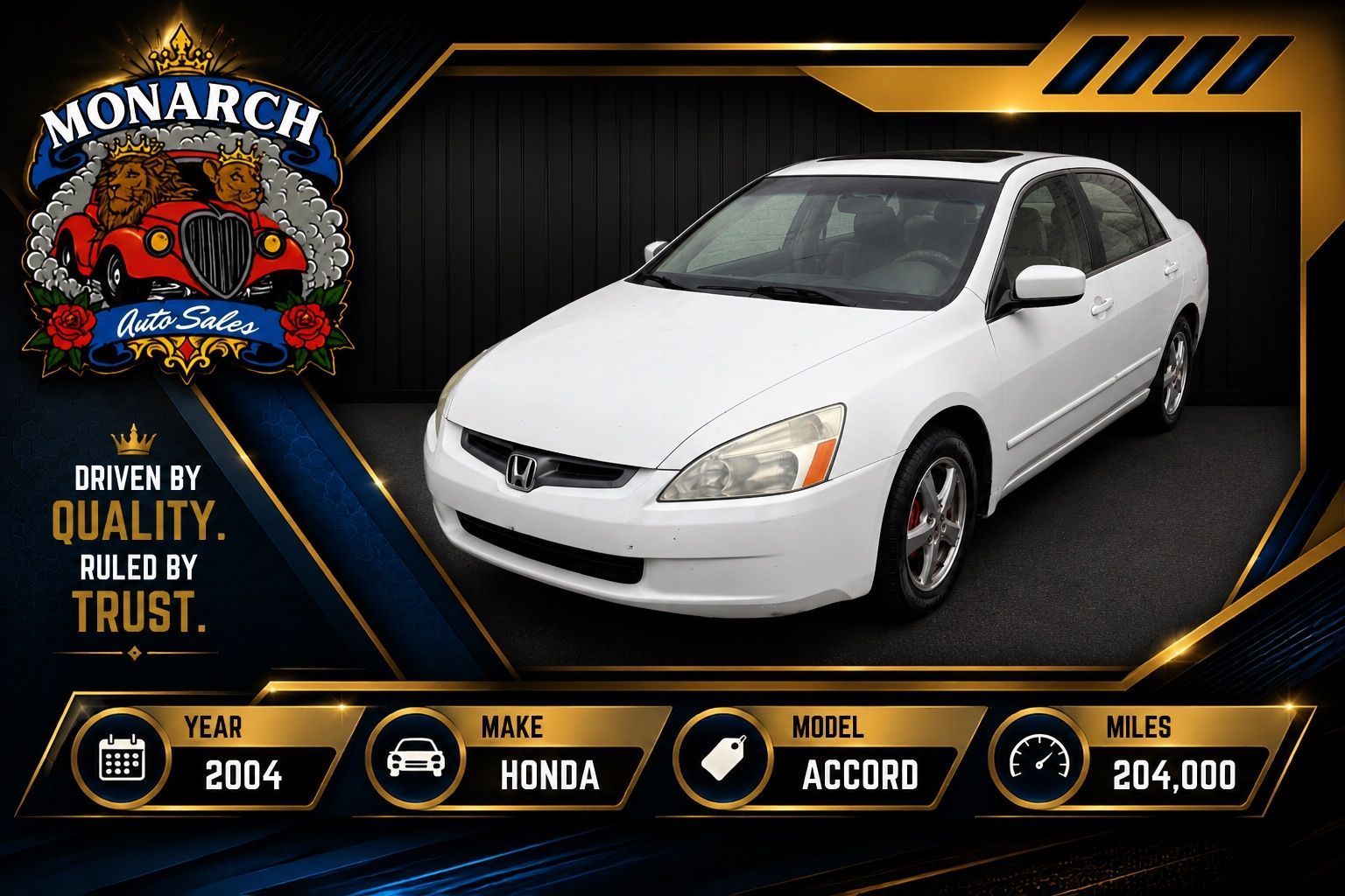 White Honda Accord sedan on black-and-gold dealer ad background with Monarch logo and model details