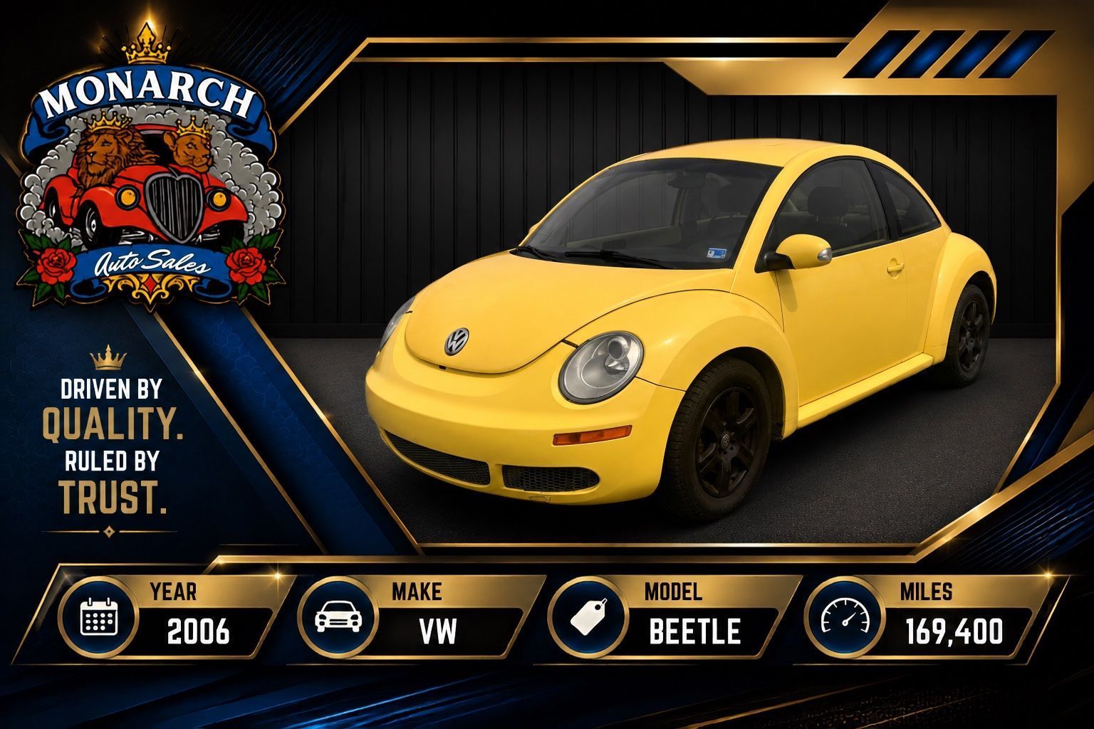 Yellow Volkswagen Beetle on a dark graphic background with “Monarch” badge and vehicle stats.