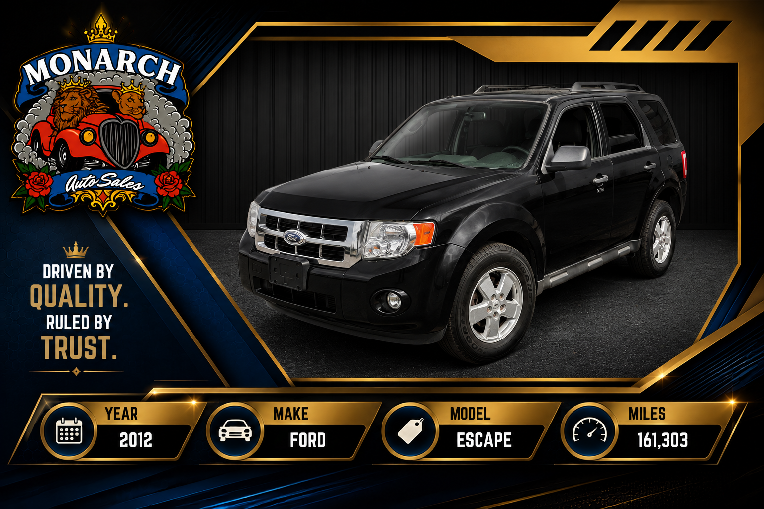 Black Ford Escape SUV with dealership branding and vehicle details on a black-and-gold banner.