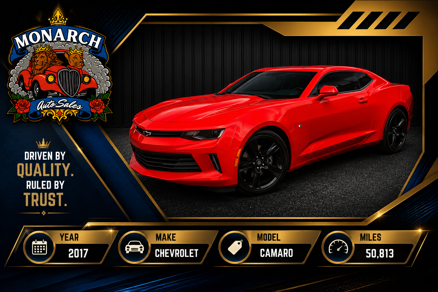 2017 Red Camaro on black-and-gold dealership ad background with logo and vehicle details.