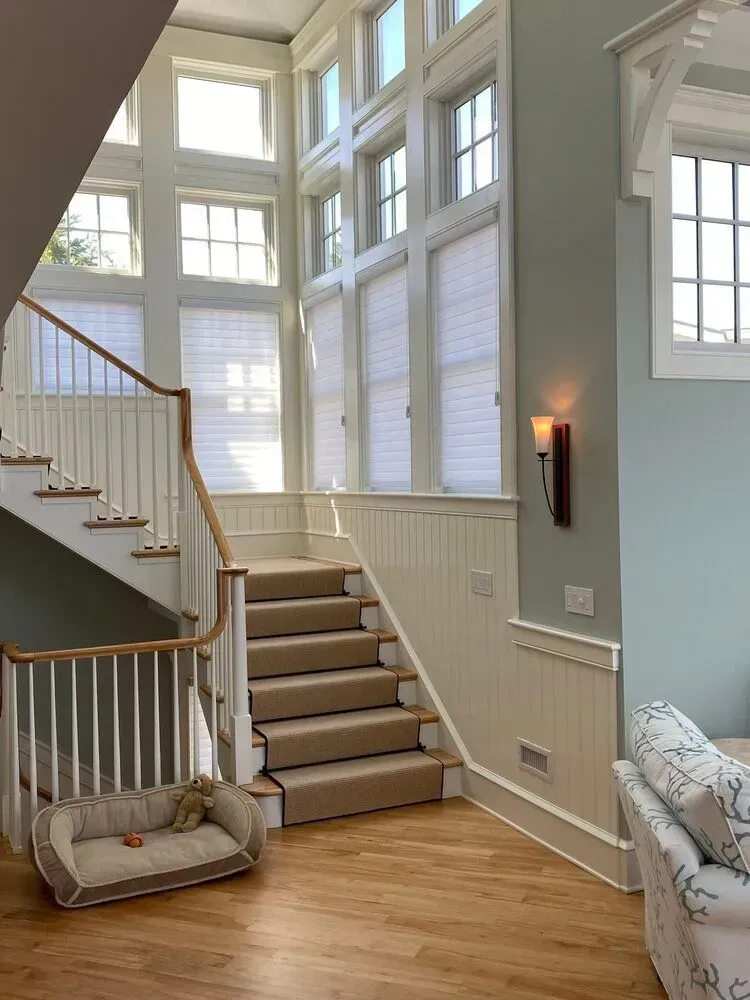 Bright foyer with staircase, tall windows, beige carpeted steps, wood floors, and a wall sconce