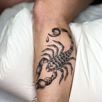 Black and gray scorpion tattoo on a leg, with a teardrop detail.