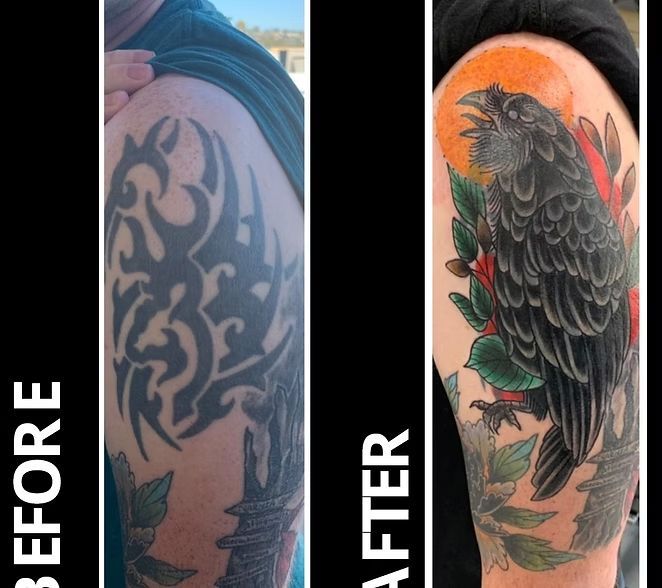 Tattoo cover-up: Before, a dark tribal design. After, a detailed black raven with an orange sun, leaves, and red berries.