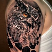 Realistic owl tattoo with orange eye and geometric shapes on the arm.