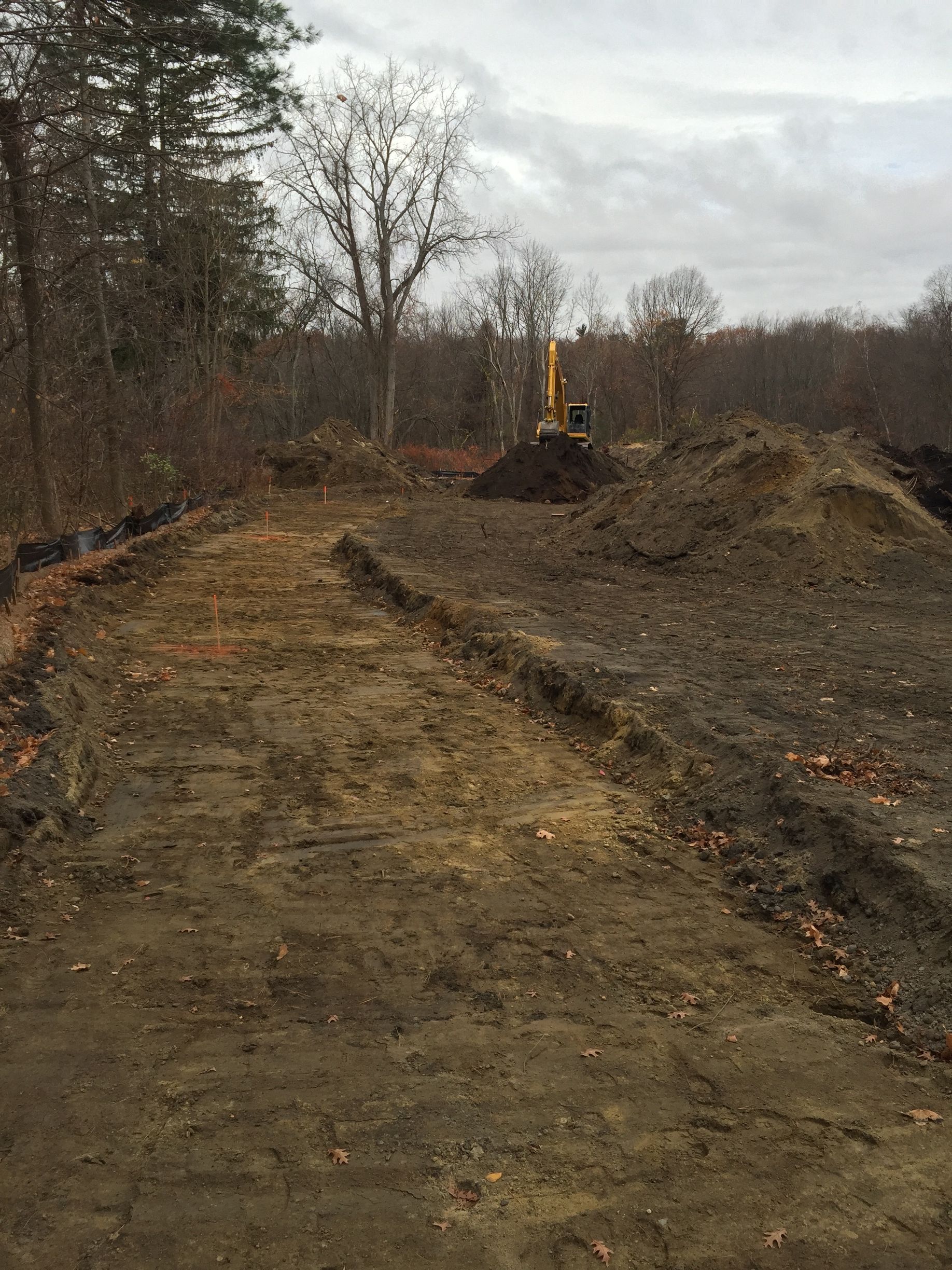 Construction site with excavator clearing dirt along a muddy path beside leafless trees