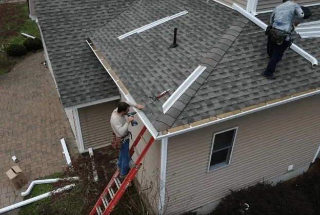 Two workers installing white roof panels on a house roof, one on a ladder below.