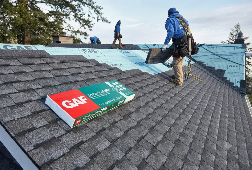 Roofers installing blue underlayment and GAF shingles on a house roof
