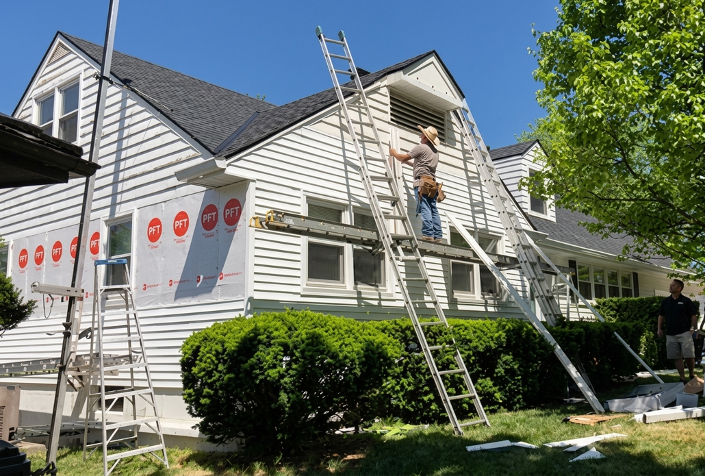 Workers on ladders painting a white house with red trim on a sunny day